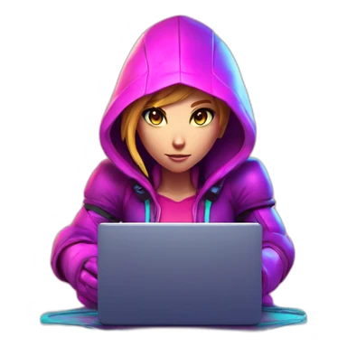 Girl developer behind his laptop with this style : Nintendo Samus Video game neon glowing bright purple character pink lack hooded hacker themed character sticker
