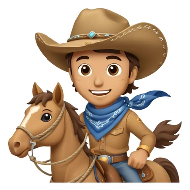clash-of-clans-aesthetic_-cinematic-playful-cowboy-portrait-emoji, head-tilted with a roguish, cheeky grin and twinkling eyes, featuring a rugged, spirited build with a wide-brimmed cowboy hat and a rugged bandana, tan skin-tone, riding a galloping horse with reins in one hand and a lasso in the other, dust trailing behind. sticker