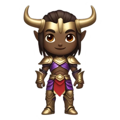 Humanoid with purple skin color, red eyes, pointed ears and Oni horns, has long straight brown hair, and wears royal gold armor sticker