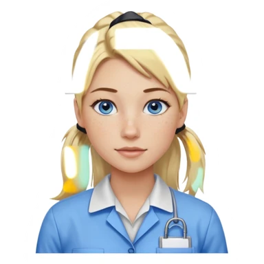 Just a head, blonde hair with lowlights in a ponytail, blue eyes, some freckles, a little older female ready to get some tasks done at work sticker