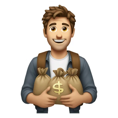 a happy guy with brown hair showing 2 money bags  sticker
