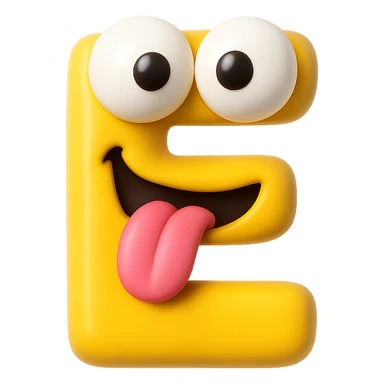 A 3D emoji in iOS emoji aesthetic style of the letter "E" personified with two large bulging, slightly cross-eyed eyes and a playful crazy expression, tongue sticking out, glossy rounded surfaces, vibrant color, clean white background.
 sticker