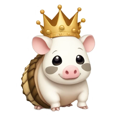 Beige and white piebald chubby round armadillo pig panda centipede armadillo wearing a crown sticker