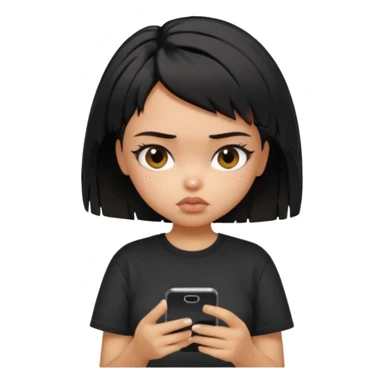 generate a pretty bratz girl with short black very messy hair, looking tired and using her phone, wearing an oversized black tshirt sticker