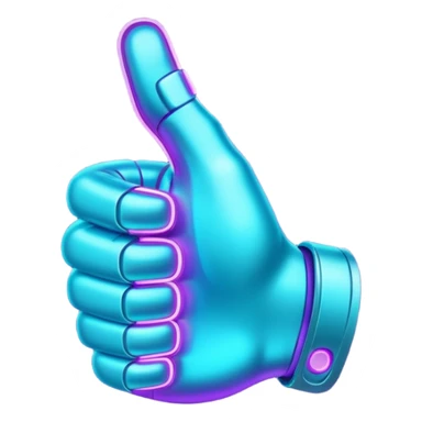 futuristic glowing thumbs up, neon purple and cyan light, dark background, digital tech style sticker