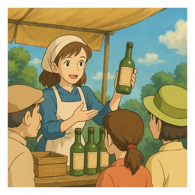 ghibli style woman promoting a product to customers outdoors sticker