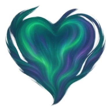 heart with a swirling aurora effect, digital illustration, no background, more green and purple sticker