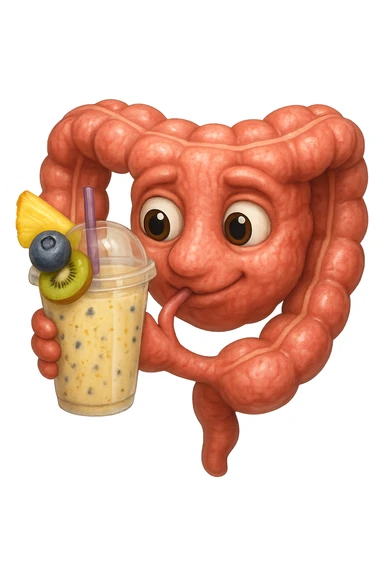 EMOJI STILE IPHONE DI un intestino umano anatomico che beve un frullato di mirtilli, ananas, kiwi, fagli anche la parte bianca degli occhi, non solo le pupille, REALISTICo 4K sticker