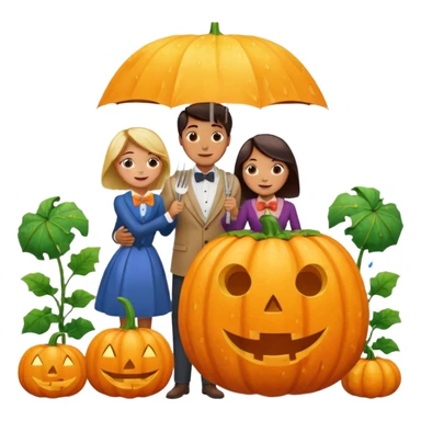 Make a guy hugging a giant pumpkin with a fork in his right hand while there's fire while there's a lady watching while it's raining while there's an umbrella on the ground that's alive and the sun has a bow tie on his neck sticker