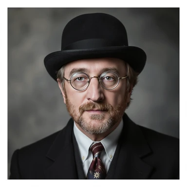 highly realistic portrait of John Lennon wearing a bowler hat, photorealistic, detailed, soft lighting sticker