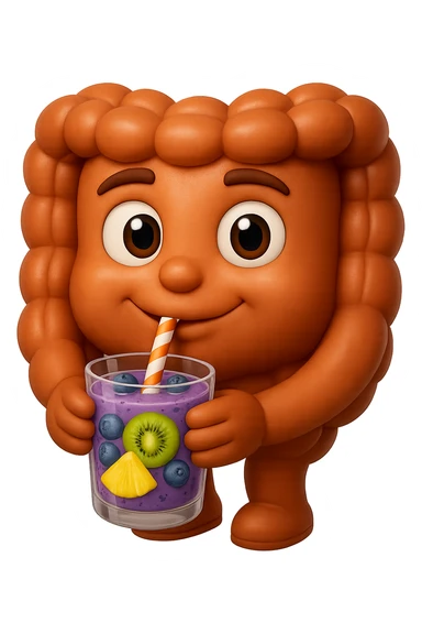 EMOJI STILE IPHONE DI un intestino umano anatomico che beve un frullato di mirtilli, ananas, kiwi, fagli anche la parte bianca degli occhi, non solo le pupille, REALISTICo 4K sticker