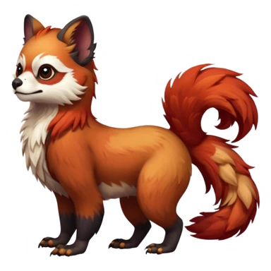 A beaked beaky 4-legged, feral, digitigrade, lanky, elegant, Gryphon-Griffin-Griff-Avian-hybrid, with Red-Panda-colors and markings, full body, cute, realism, with a long thin tufted tail, hyper-realistic  sticker