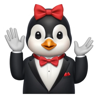 Un pinguino con una pajarita roja haciendo el gesto con la mano abierta de cumplir una promesa sticker