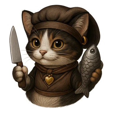Make the cat chef normal cat colors, but keep the earring gold. The cat is holding a knife and a fish, wearing a bandana, with no background. Maintain the original style and details as much as possible. sticker