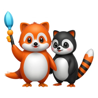 A cartoon  cute cartoon penguin. Next to it is a cartoon red panda holding its flipper  sticker