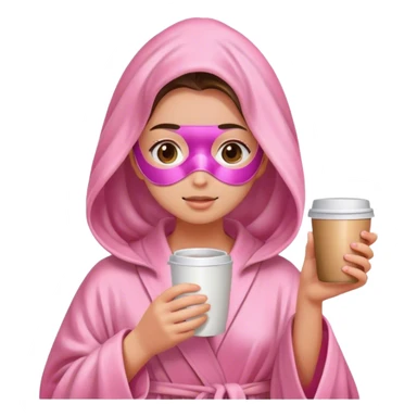 Girl holding coffee with a pink robe on and a face mask on her face with wet hair  sticker