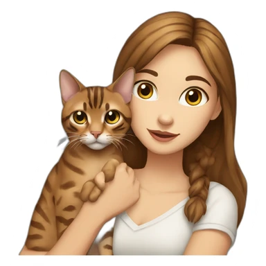 a beautiful girl with blue eyes and brown hair is holding a Bengal cat with yellow eyes in her arms sticker