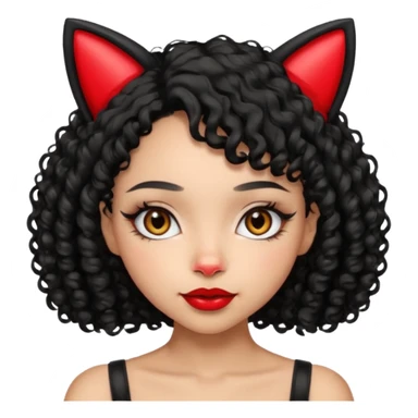 lightskin girl with black curly hair, cat ears, red lipstick sticker