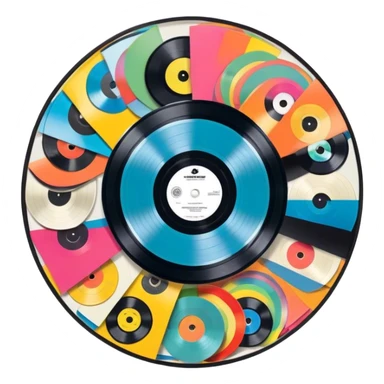 Icon for Vinyl Record Collecting: colorful vinyl records in decorative packaging featuring artist images, neatly arranged on a wall or shelf. The icon should reflect the aesthetic and artistic aspect of collecting vinyl records. Transparent background. sticker