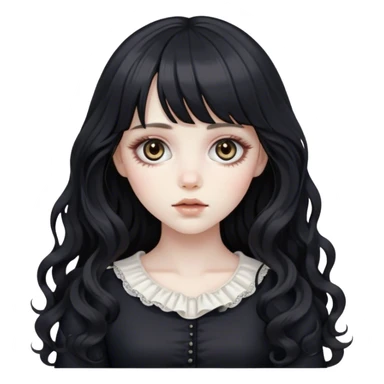 a pale white dead feminine girl with long black wavy hair and bangs with big light brown eyes looking like a porcelain doll in black clothes sticker