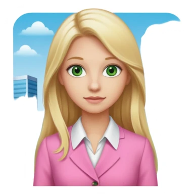 long blonde hair, real estate broker, 20 years old, green eyes, cute pink corporate dress sticker
