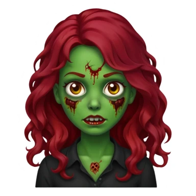 Faça me um emoji de um zumbi mulher de cabelos vermelho escuro longos ondulado usando uma blusa preta, faça no estilo iphone, o tom de pele dela tem que ser verde  sticker