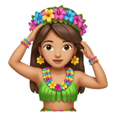 Hawaiian hula dancer with both hands above head, wearing a colorful lei and skirt, classic emoji style sticker