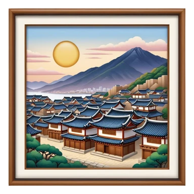 Cinematic Realistic Bukchon Hanok Village Landmark Emoji, depicted with traditional Korean houses set against a scenic backdrop rendered with detailed textures and warm, inviting lighting. sticker
