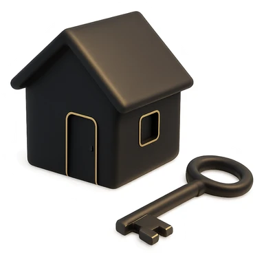 a house with a key nearby in 3D black style sticker