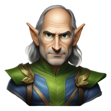 Warcraft elf award winning Steve Jobs in Marvel Avengers style, oil paint, mysterious eyes, intricate lips, masterpiece pose, odd perspective, beautiful, desirable, logical sticker