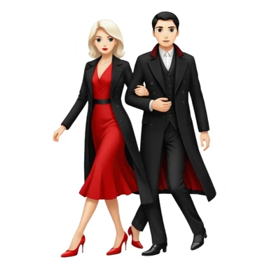 Ultra detailed realistic tango couple icon, black background, dramatic lighting, long black coat on man, white shirt and white shoes, red dress and white heels on woman, centered, minimal background, high contrast, 4K resolution, profile picture ready, sharp clean edges sticker