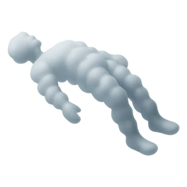 side view of unconscious person flying with torso upwards, legs and arms downwards, made of small very bright white fluffy convex clouds, matte glass style sticker