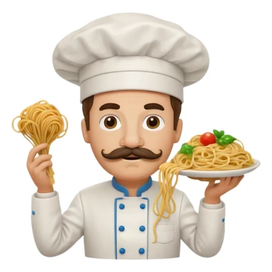 cartoon brain with a mustache and chef hat, holding spaghetti, surrounded by musical notes and the words 'larili larila', playful Italian theme sticker