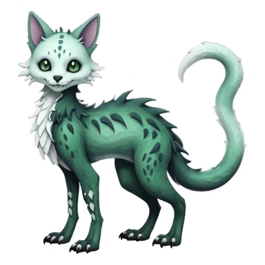 Scaley Kawaii spooky dark bleak blackish swampy white-skeletal gloomy ghostly dark greyish dark-deep-greenish foggy eldritch beautiful realistic edgy fantasy ghoul-like stitched feline-vernid-sergal-fursona animal creature with a tufted tail full body with intricate markings  sticker