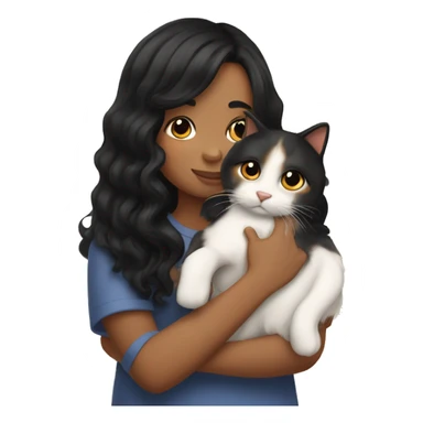 TAN SKIN GIRL with long black wavy hair and bangs HUGGING HER CALICO CAT  sticker