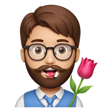 Brown hair guy and a heart shaped eyes with his tongue out with a beard and glasses with a hello kitty and a tulip in his hand   sticker
