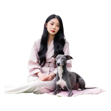 A very beautiful and attractive 25-year-old Chinese woman with long flowing black hair and a pure solid dark grey Italian Greyhound with ABSOLUTELY NO white markings anywhere on its body sitting under a cherry blossom tree. The dog must be completely solid dark grey with no white on chest, no white on muzzle, no white on paws - entirely one solid dark grey color. sticker