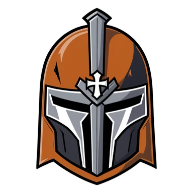 Battle-worn crusader helmet with light rust and historical details sticker