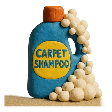 carpet shampoo bottle with bubbles and suds, playful look, claymation style sticker