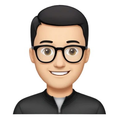 Light-skinned man with black hair in very short almost-buzz cut (minimal length but visible), short graying beard, big black glasses frames, happy smile, black long sleeve shirt with zip at neck sticker