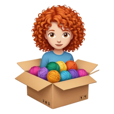 A curly-haired redhead girl gets out of a cardboard box. There are multicolored balls of yarn all around sticker