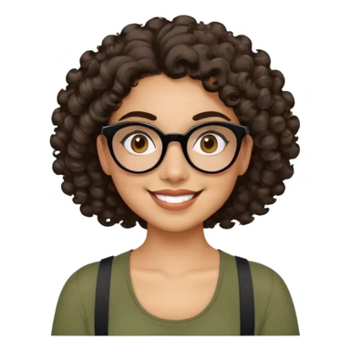 Young Latina with light brown skin. Cheerful round face. Brown eyes behind black glasses. Thick natural eyebrows. Curly hair reaching shoulders, voluminous with defined curls. Big smile showing dimples. Wearing olive green shirt with wide straps. sticker