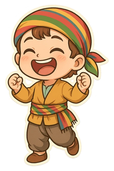 Cartoon sticker of a Kurdish child in traditional Kurdish child clothing, colorful and cheerful, face with loud laughter and big smile, no text, suitable for WhatsApp and Instagram, transparent background. sticker