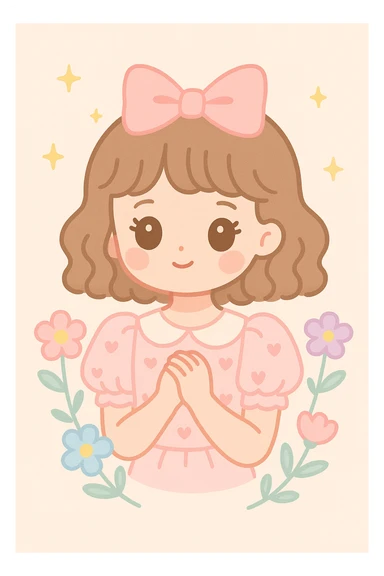 a girl in coquette style surrounded by delicate flowers, wearing a puff-sleeve blouse, subtle heart motifs, soft curls, sweet innocent look sticker