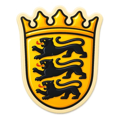 Create an emoji of the Baden-Württemberg coat of arms featuring three black lions and a crown. The style should be less cartoonish and match the retro stickers style of the first Berlin icon from the last batch. Use the official Baden-Württemberg flag as the background. No text included. sticker