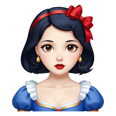 Cinematic Elegant Snow White Portrait Emoji, rendered in a realistic, vector-style with minimal shading and bold, simplified shapes. Depict Snow White (chest and above) with flawless porcelain skin, expressive deep brown eyes, and lustrous raven hair neatly styled with a red bow, wearing her classic blue and gold dress. The image glows with a soft, pure radiance and high shine, capturing timeless beauty and gentle grace. sticker