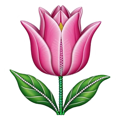 french beaded pink tulip flower with 2 leaves, handmade with glass beads, no background sticker