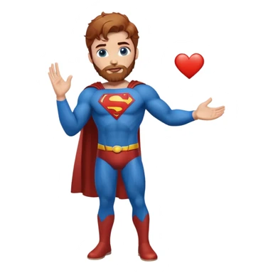 Adult-tall-full body- Superman-with redish brownish messy hair-full neatly trimmed beard-blue eyes-hand heart  sticker