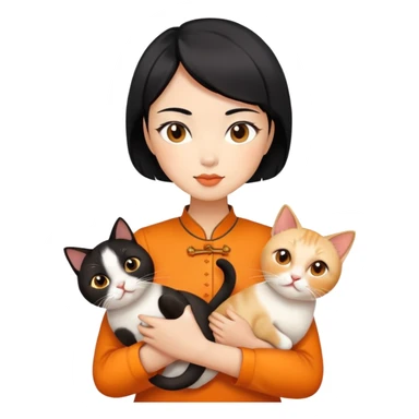 Chinese woman with short black hair holding two cats, one orange and one Siamese sticker