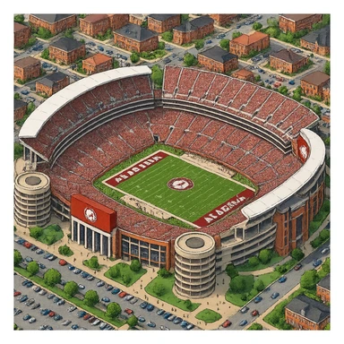Изометричная, яркая, детализированная и фотореалистичная иллюстрация стадиона Bryant–Denny Stadium в стиле 3D-коллажей городов, насыщенные цвета, аккуратные и чёткие линии, мультяшно-реалистичная стилистика. Чёткие контуры, прозрачный фон, высокое качество. sticker